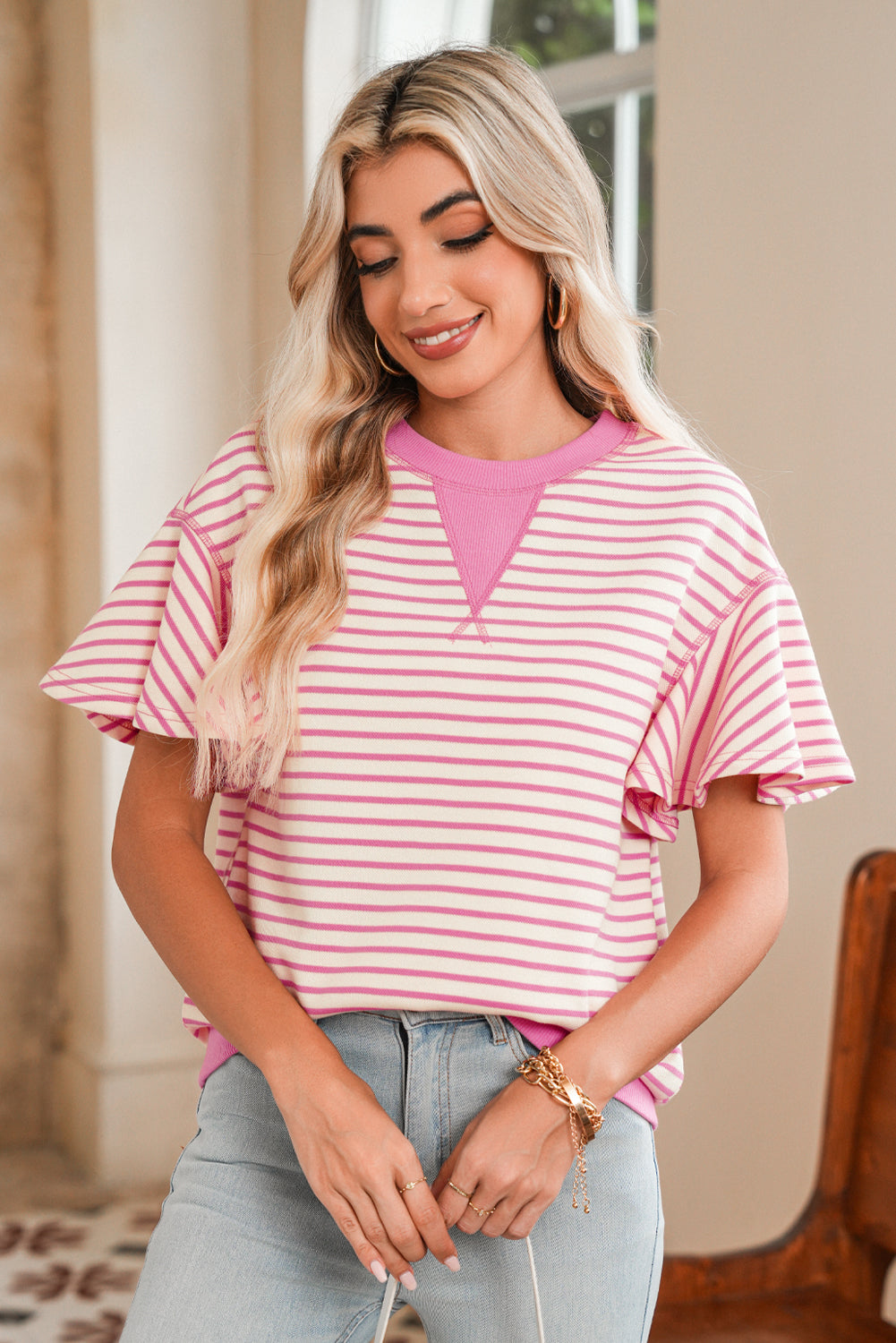 Sachet Pink Striped Ruffle Sleeve Round Neck Top
