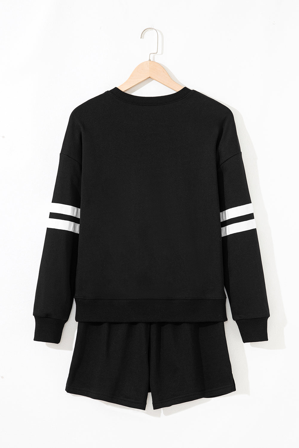 Navy Blue Varsity Striped Sleeve Drop Shoulder Sweatshirt and Shorts Set