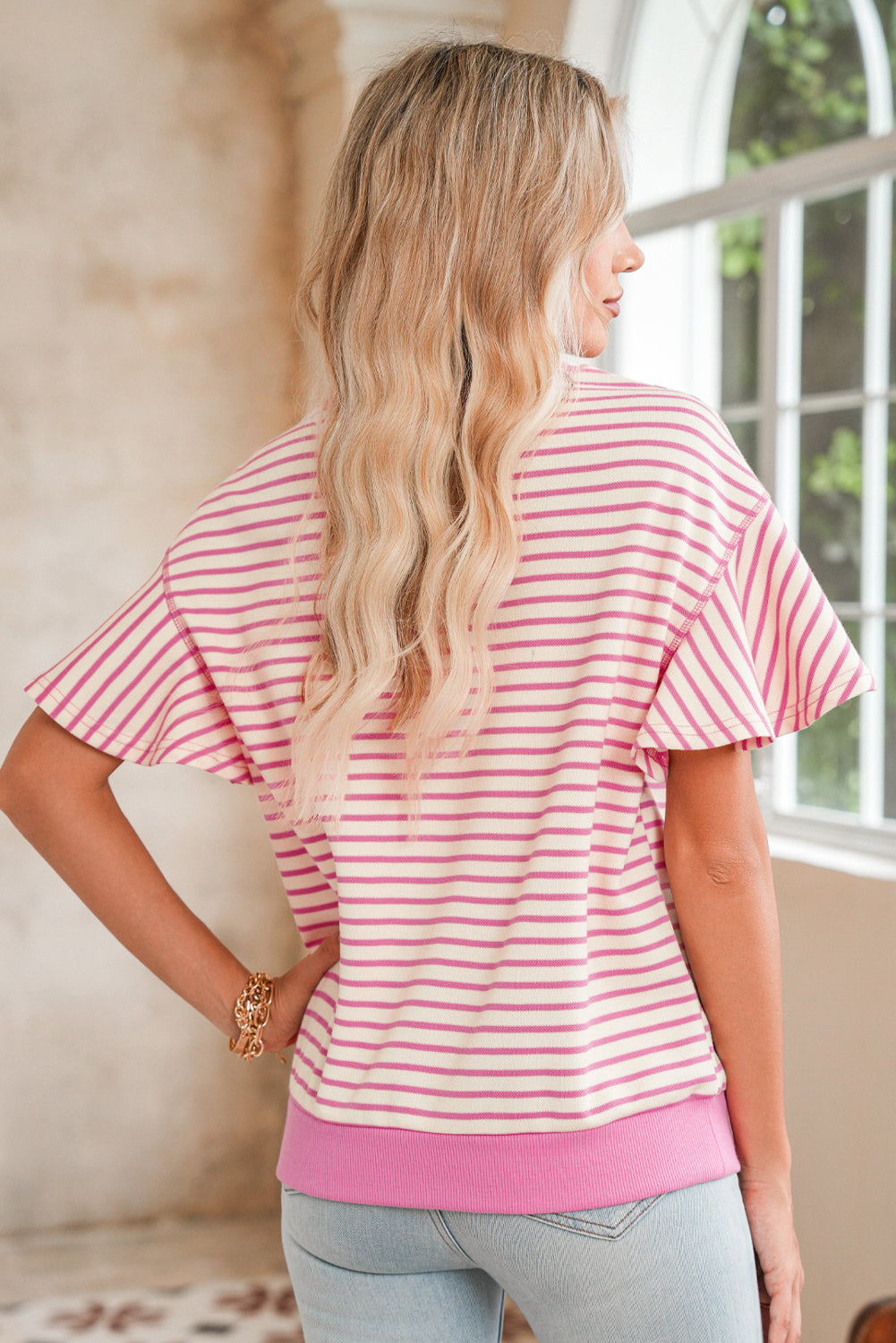 Sachet Pink Striped Ruffle Sleeve Round Neck Top