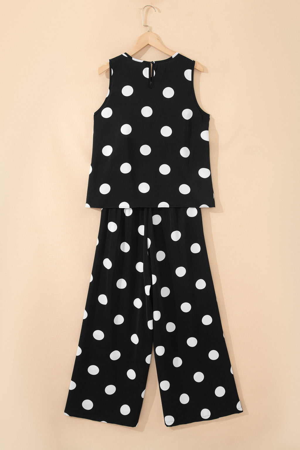 Black Polka Dot Print Pleated Round Neck Tank Casual Wide Leg Two-Piece Outfit