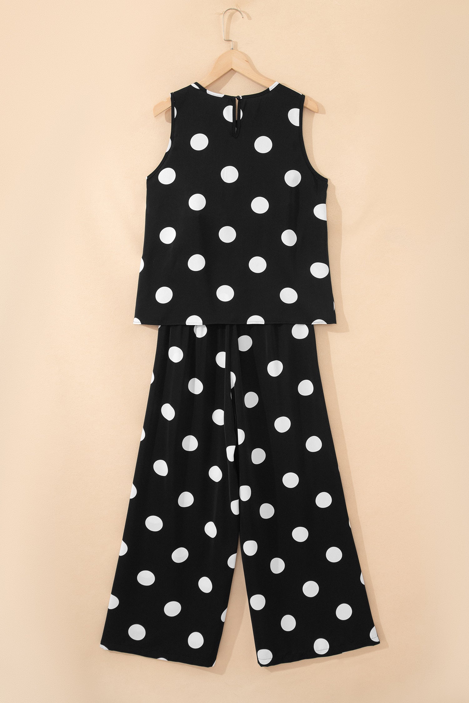 Black Polka Dot Print Pleated Round Neck Tank Casual Wide Leg Two-Piece Outfit