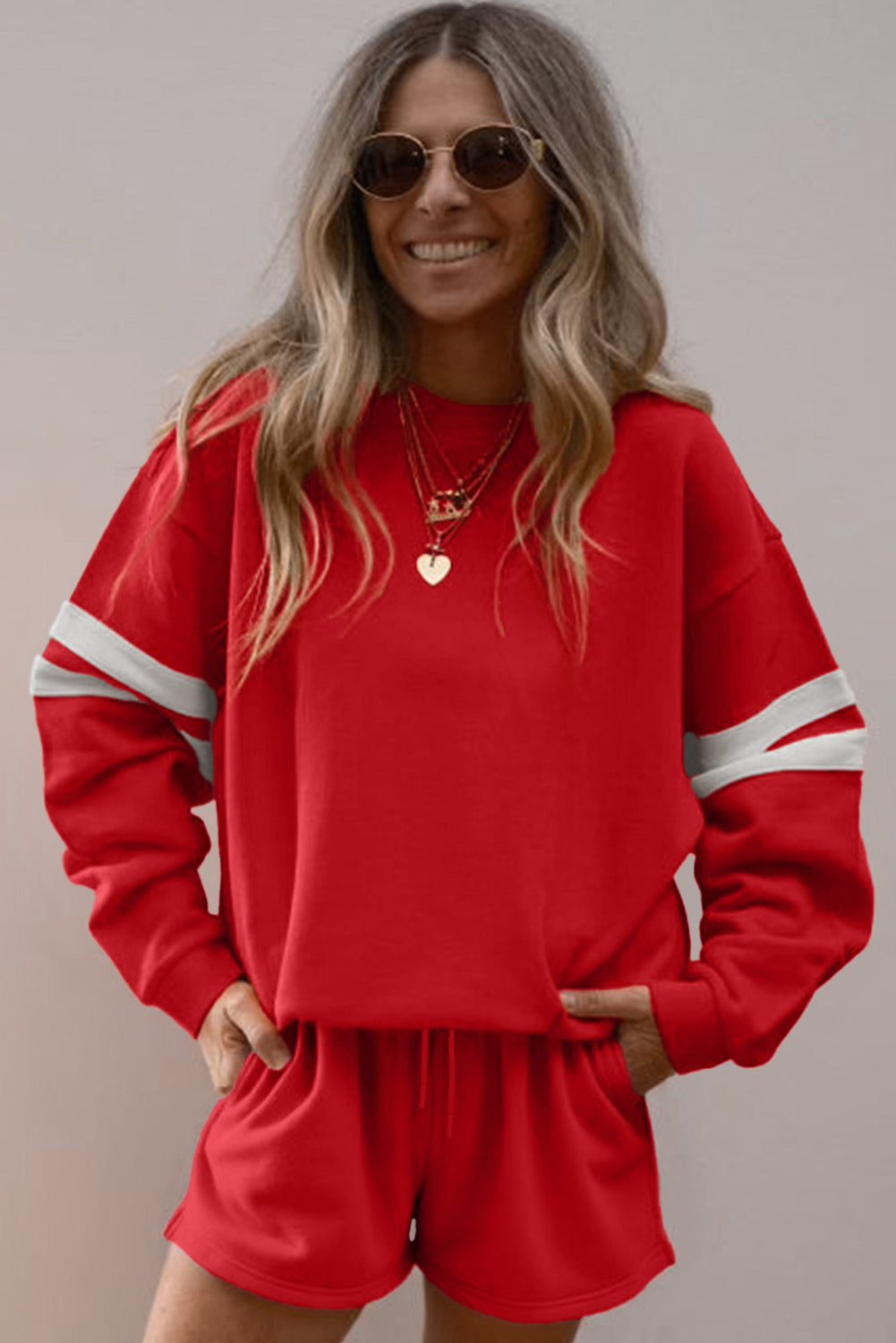 Navy Blue Varsity Striped Sleeve Drop Shoulder Sweatshirt and Shorts Set