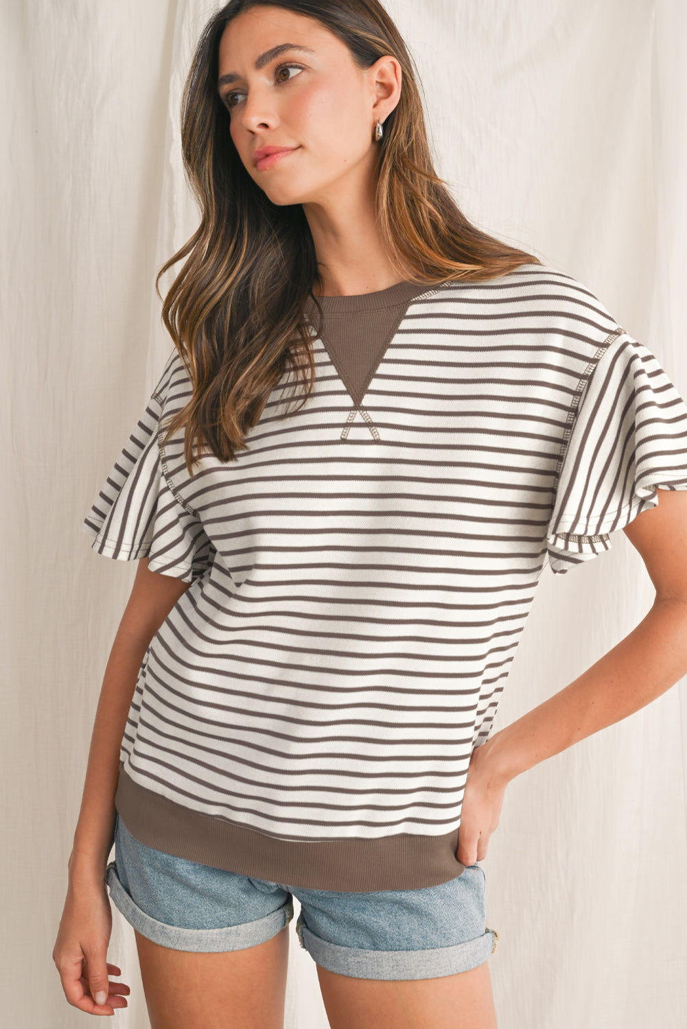 Sachet Pink Striped Ruffle Sleeve Round Neck Top