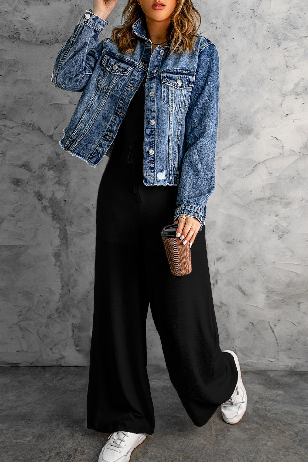 Black Solid Spaghetti Strap Wide Leg Drawstring High Waist Jumpsuit