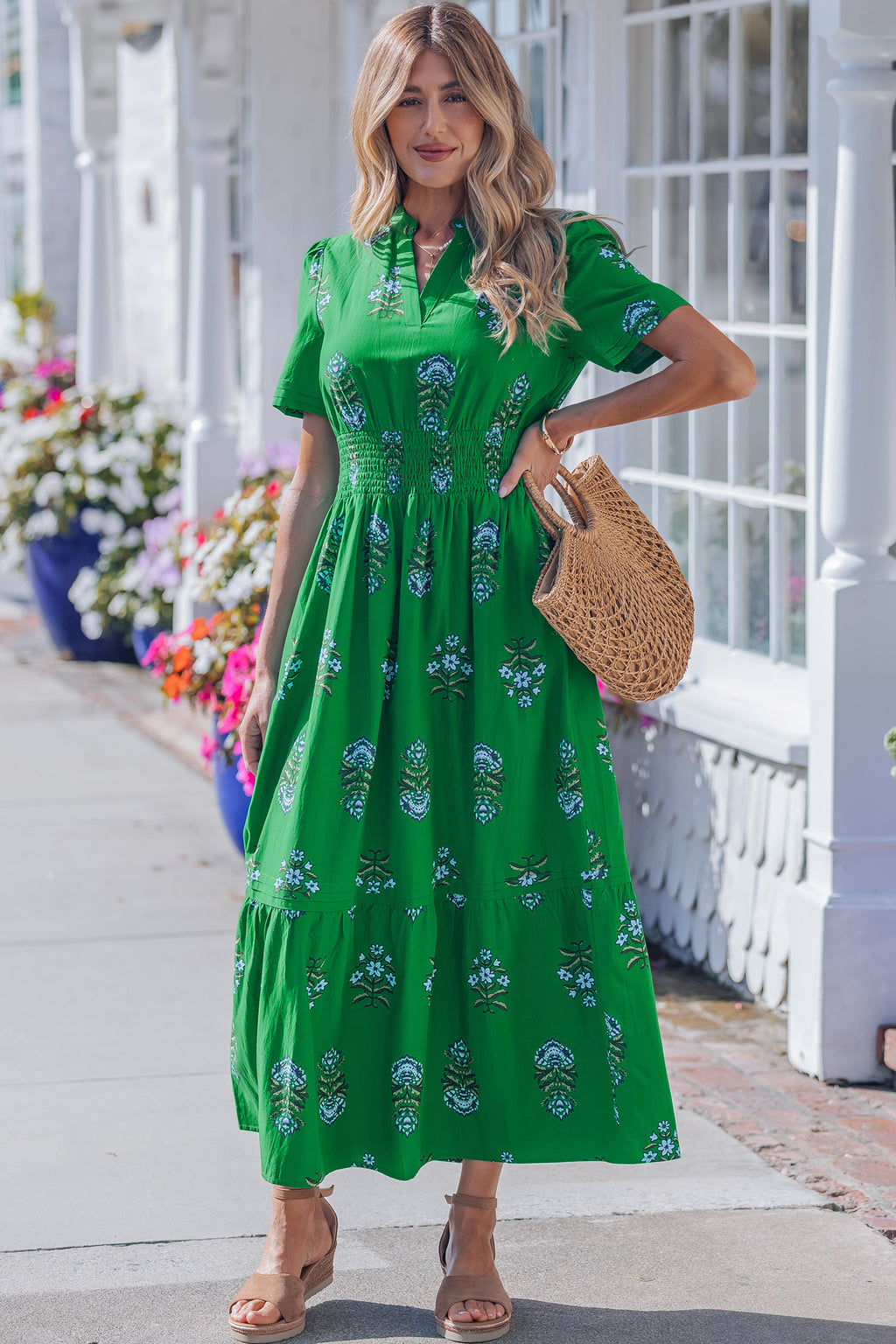 Floral Print Shirred High Waisted Ruffle Hem Maxi Dress