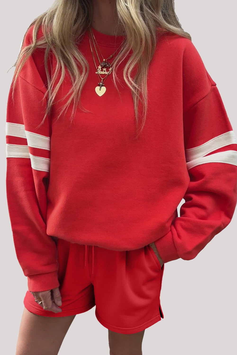 Navy Blue Varsity Striped Sleeve Drop Shoulder Sweatshirt and Shorts Set