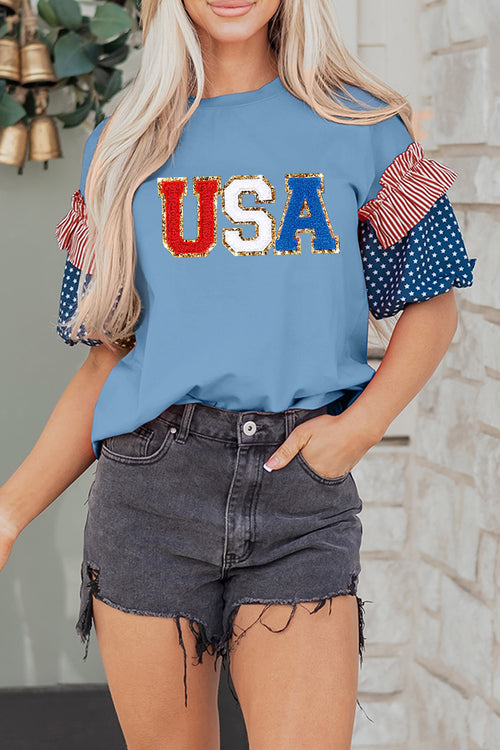 Beau Blue USA Chenille Lettering Stars and Stripes Patchwork Sleeve Top