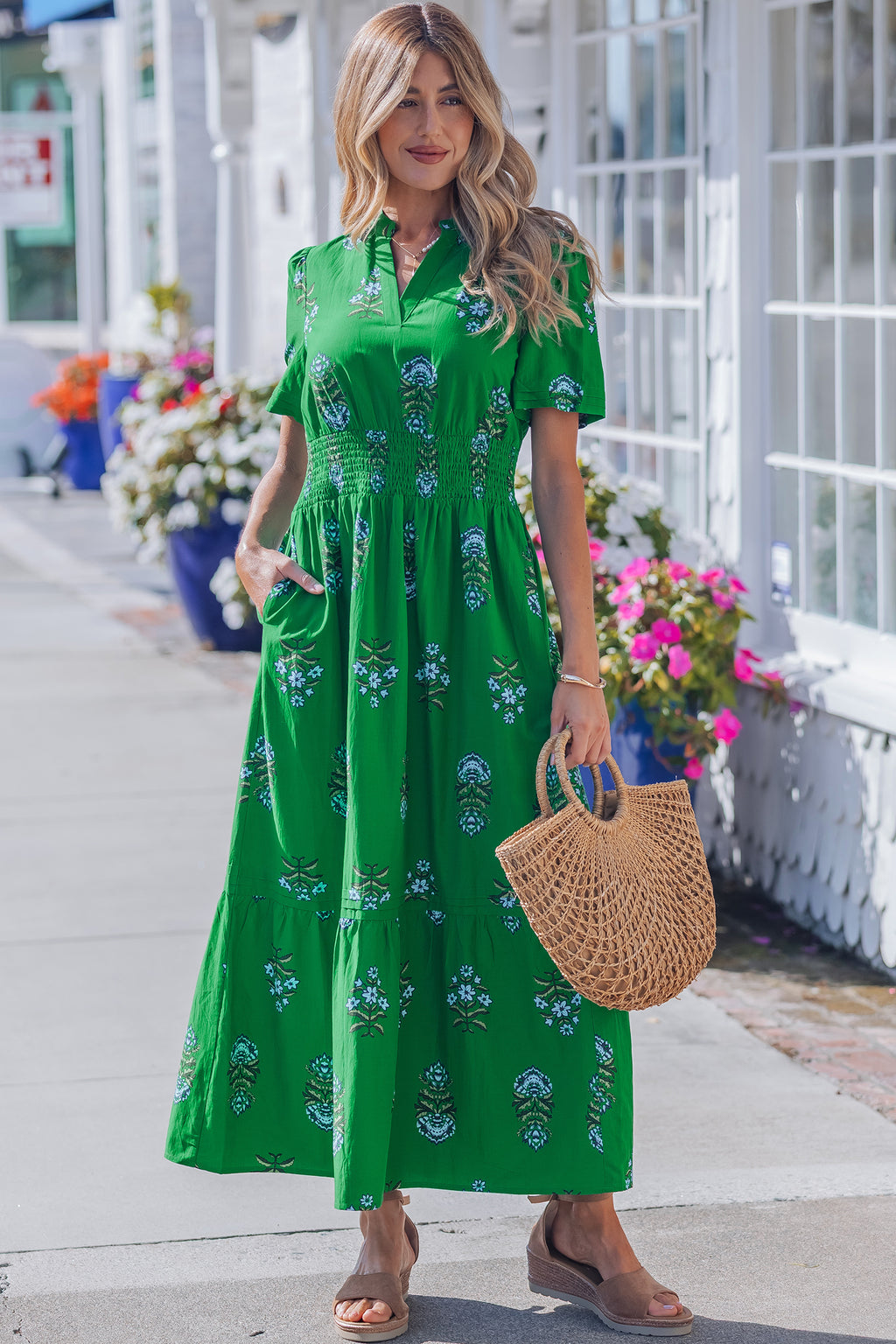 Floral Print Shirred High Waisted Ruffle Hem Maxi Dress