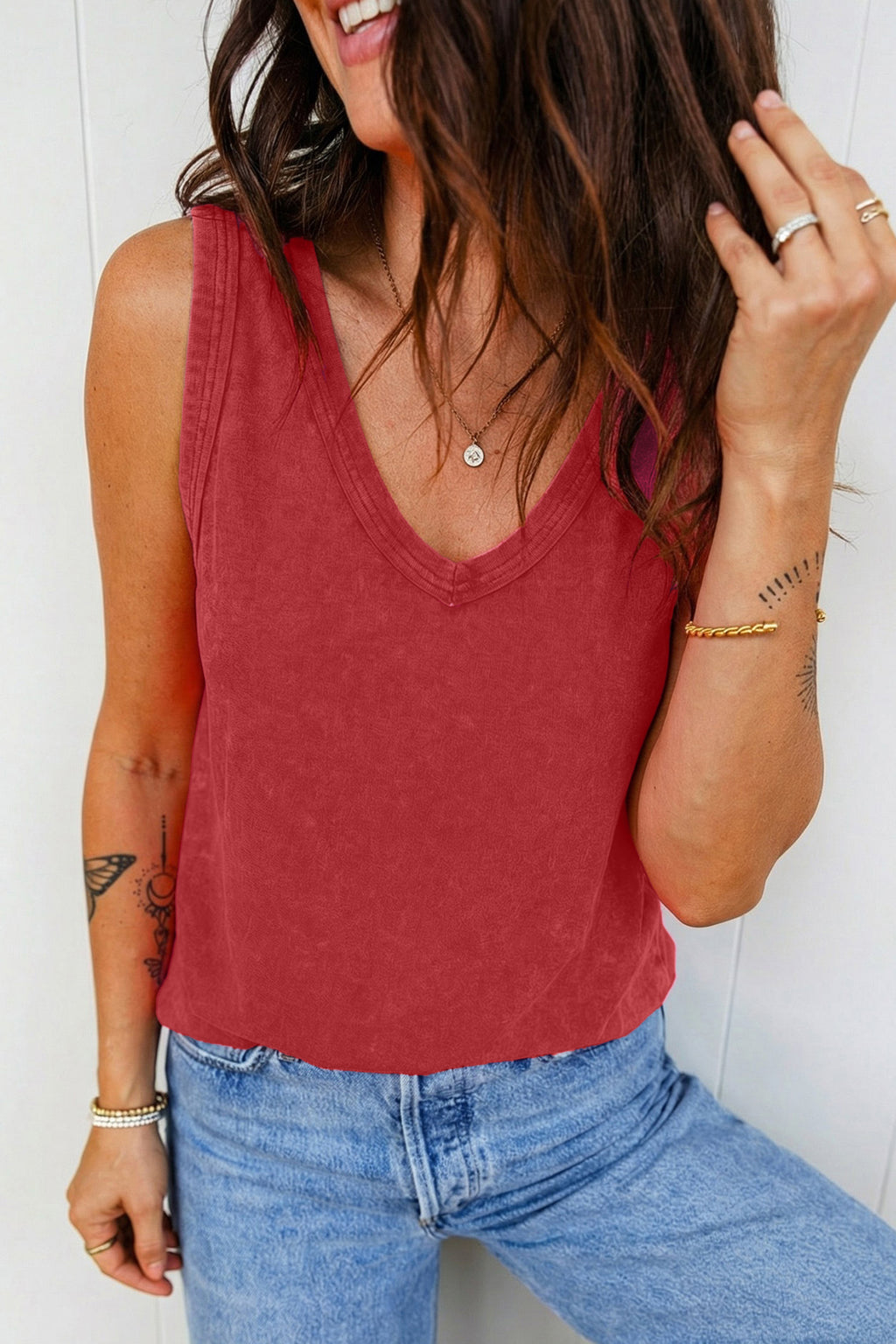Rose Red Mineral Wash V Neck Tank Top