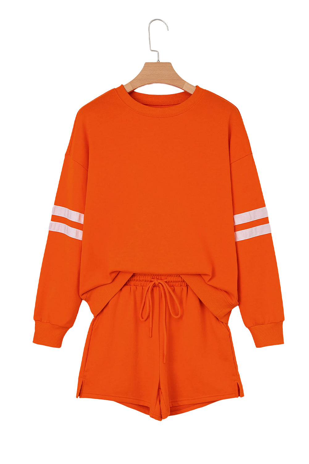 Navy Blue Varsity Striped Sleeve Drop Shoulder Sweatshirt and Shorts Set