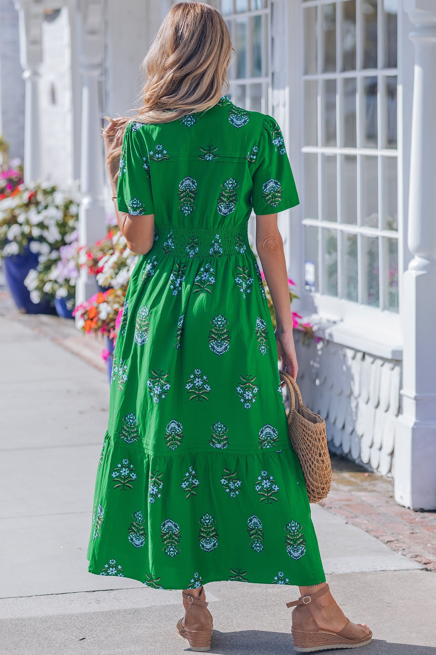 Floral Print Shirred High Waisted Ruffle Hem Maxi Dress