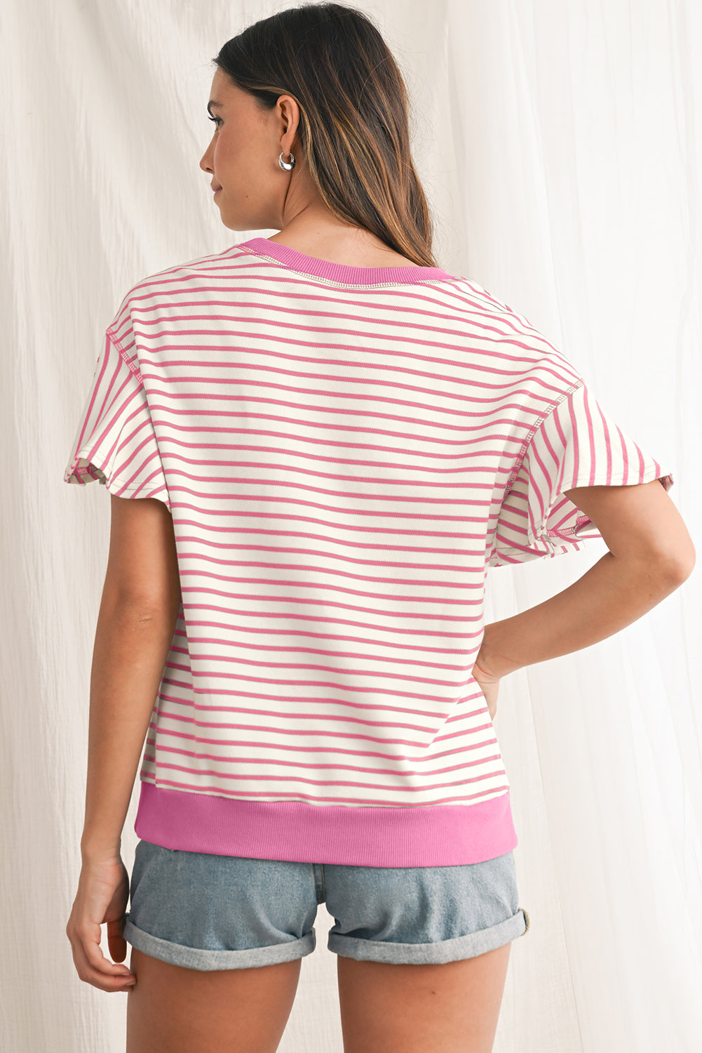 Sachet Pink Striped Ruffle Sleeve Round Neck Top