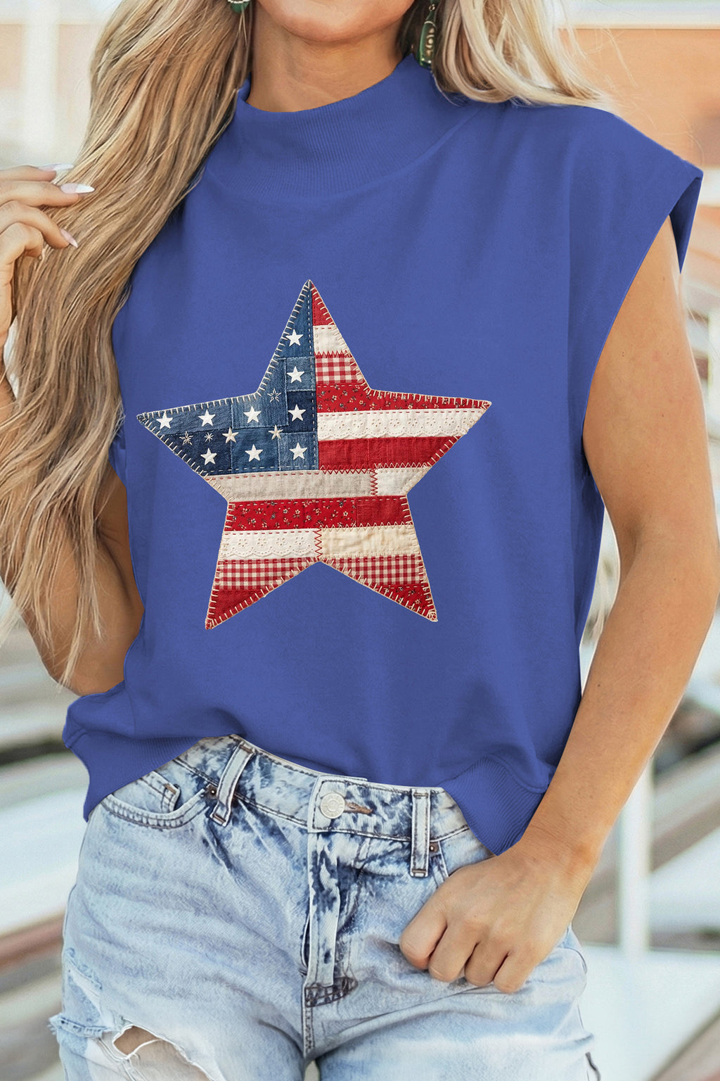 Sky Blue Faux Patchwork Patriotic Star Printed High Neck Top