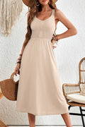 Apricot Button Shirred High Waist Sleeveless Midi Dress