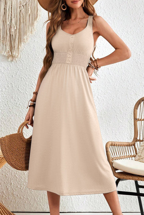 Apricot Button Shirred High Waist Sleeveless Midi Dress