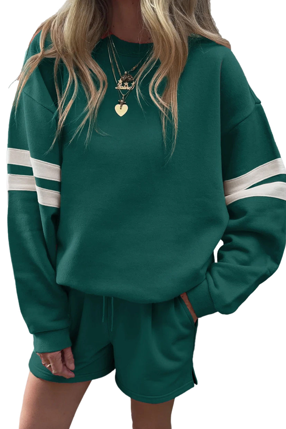 Navy Blue Varsity Striped Sleeve Drop Shoulder Sweatshirt and Shorts Set