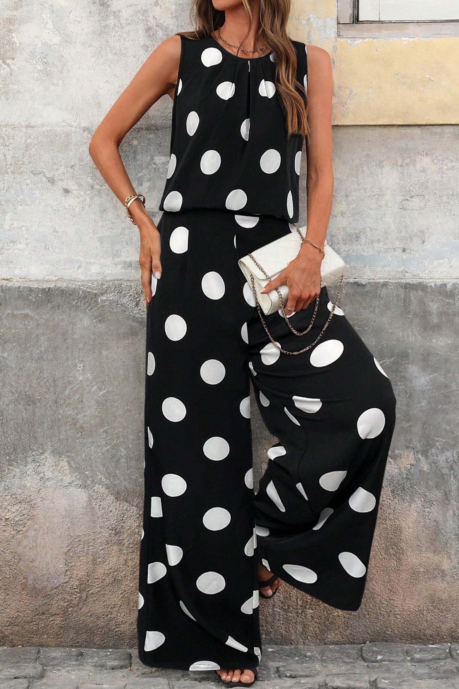 Black Polka Dot Print Pleated Round Neck Tank Casual Wide Leg Two-Piece Outfit