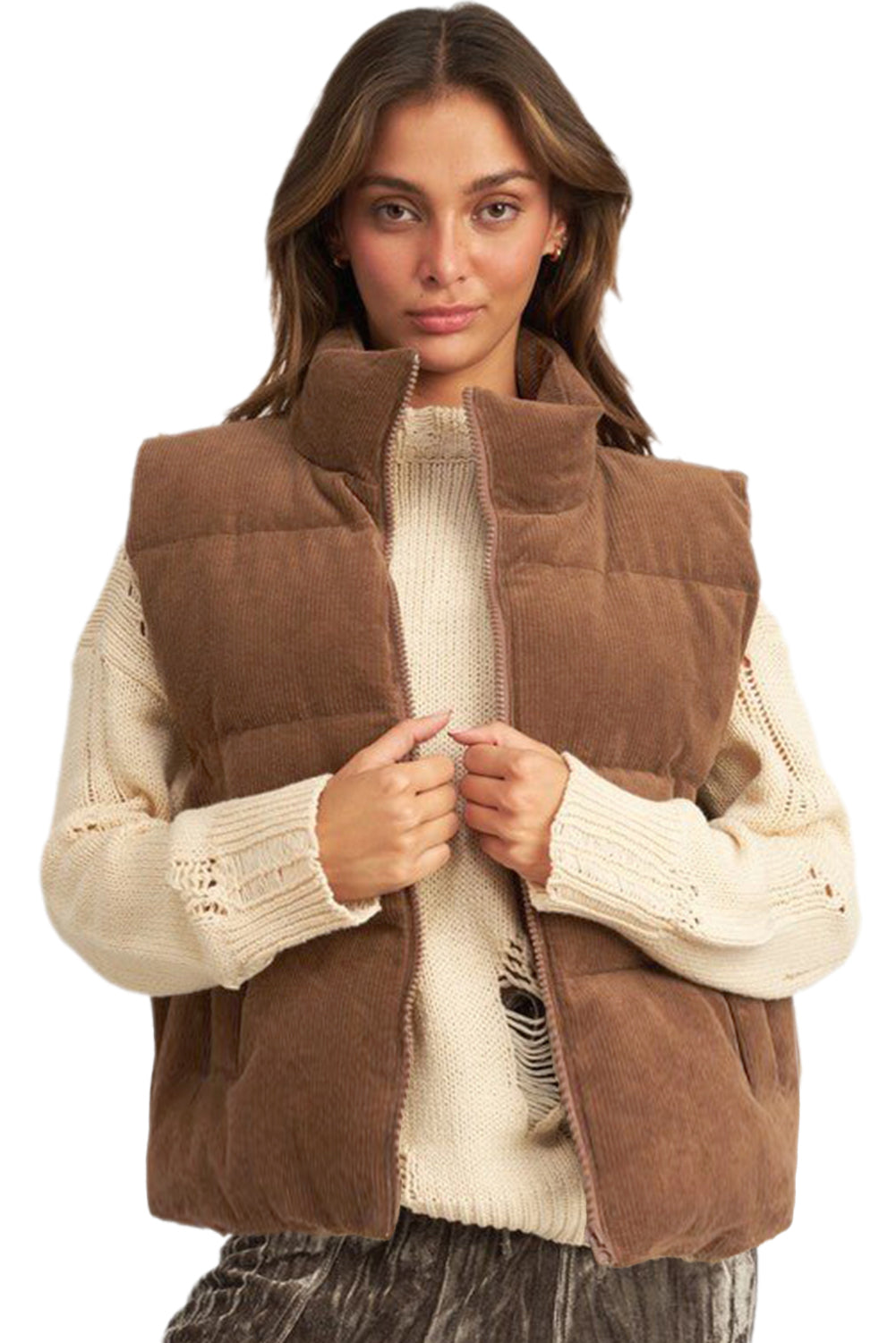 Beige Corduroy Stand Neck Zipped Puffer Vest