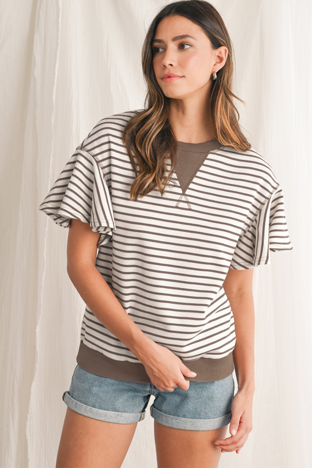 Sachet Pink Striped Ruffle Sleeve Round Neck Top