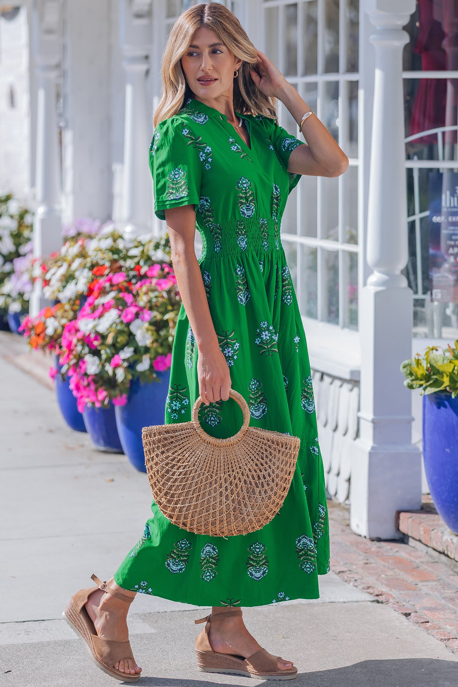 Floral Print Shirred High Waisted Ruffle Hem Maxi Dress