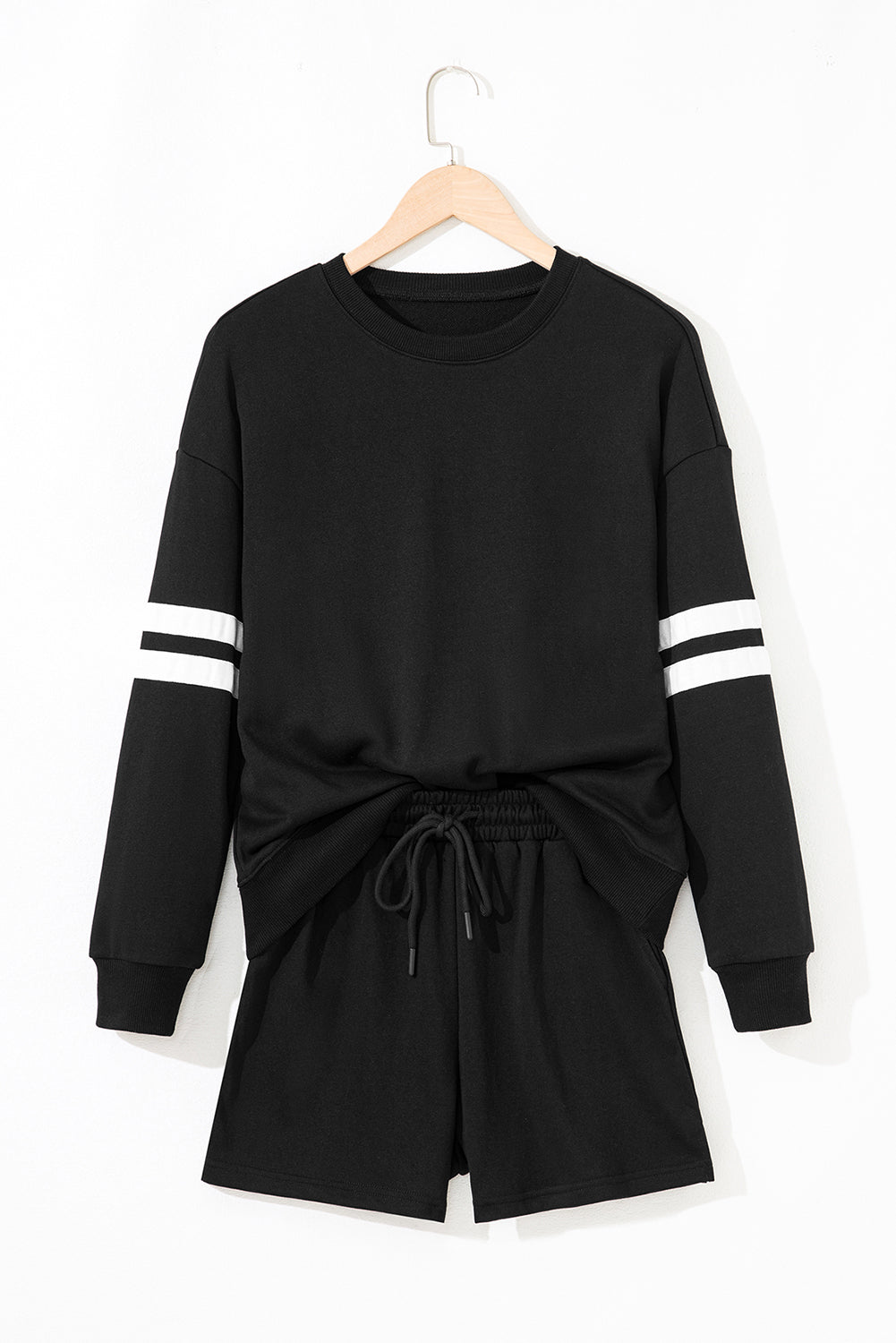 Navy Blue Varsity Striped Sleeve Drop Shoulder Sweatshirt and Shorts Set