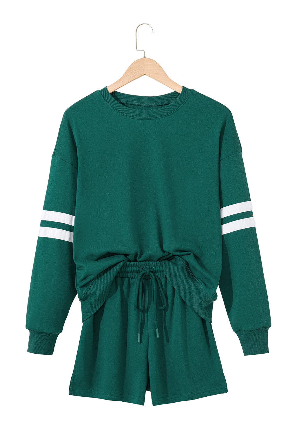 Navy Blue Varsity Striped Sleeve Drop Shoulder Sweatshirt and Shorts Set