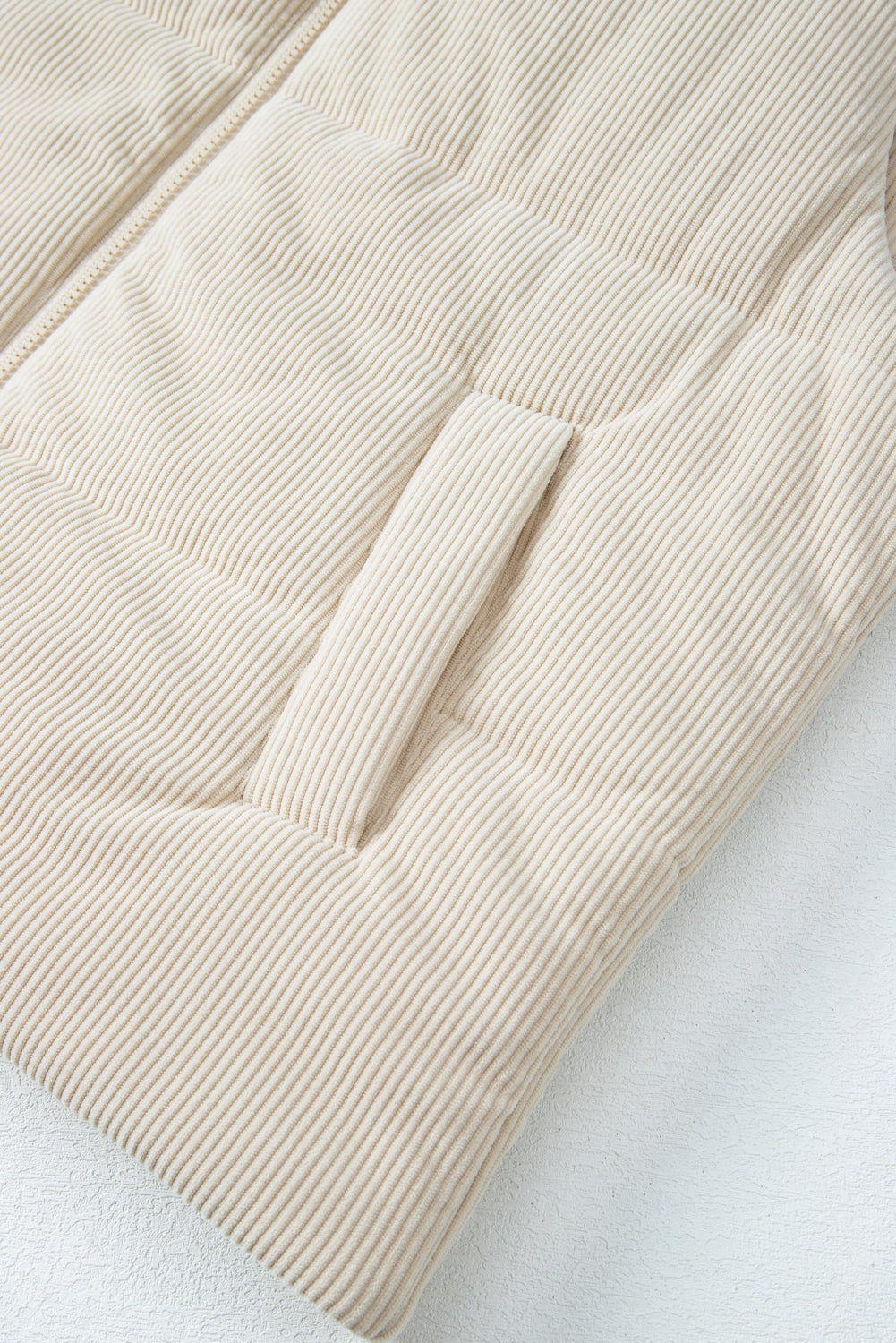 Beige Corduroy Stand Neck Zipped Puffer Vest