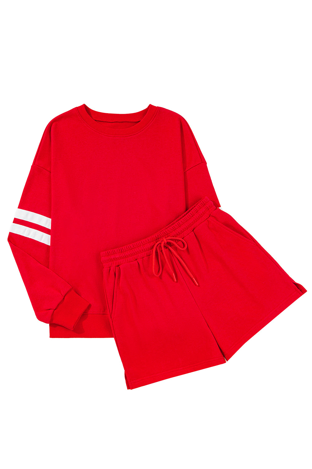 Navy Blue Varsity Striped Sleeve Drop Shoulder Sweatshirt and Shorts Set