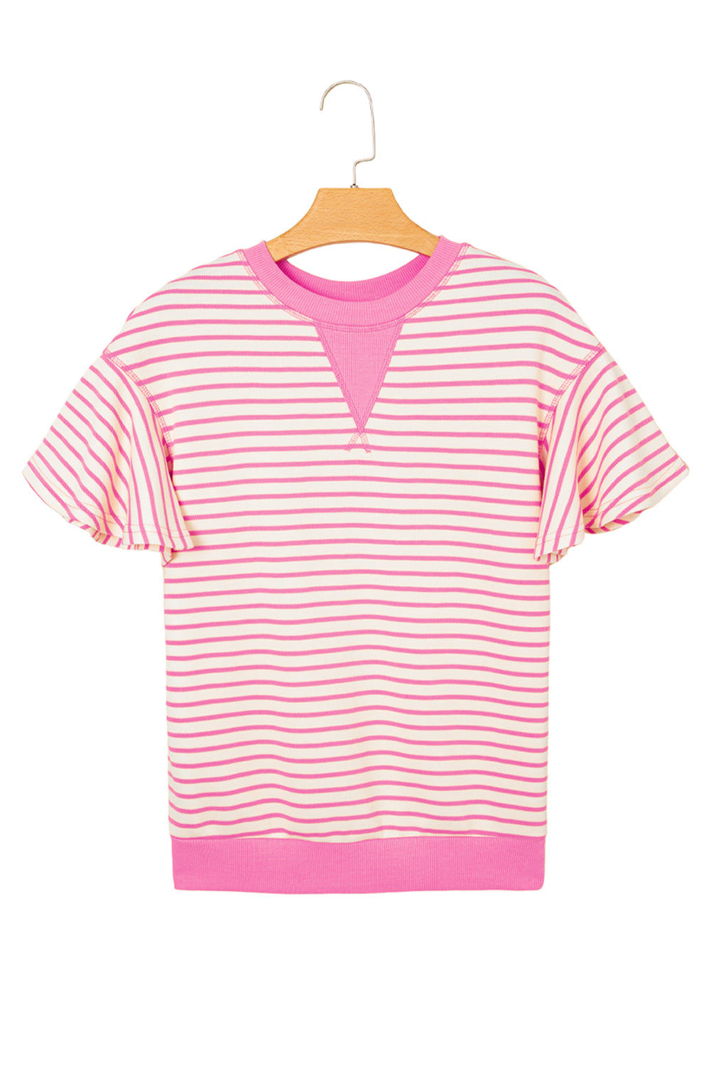 Sachet Pink Striped Ruffle Sleeve Round Neck Top
