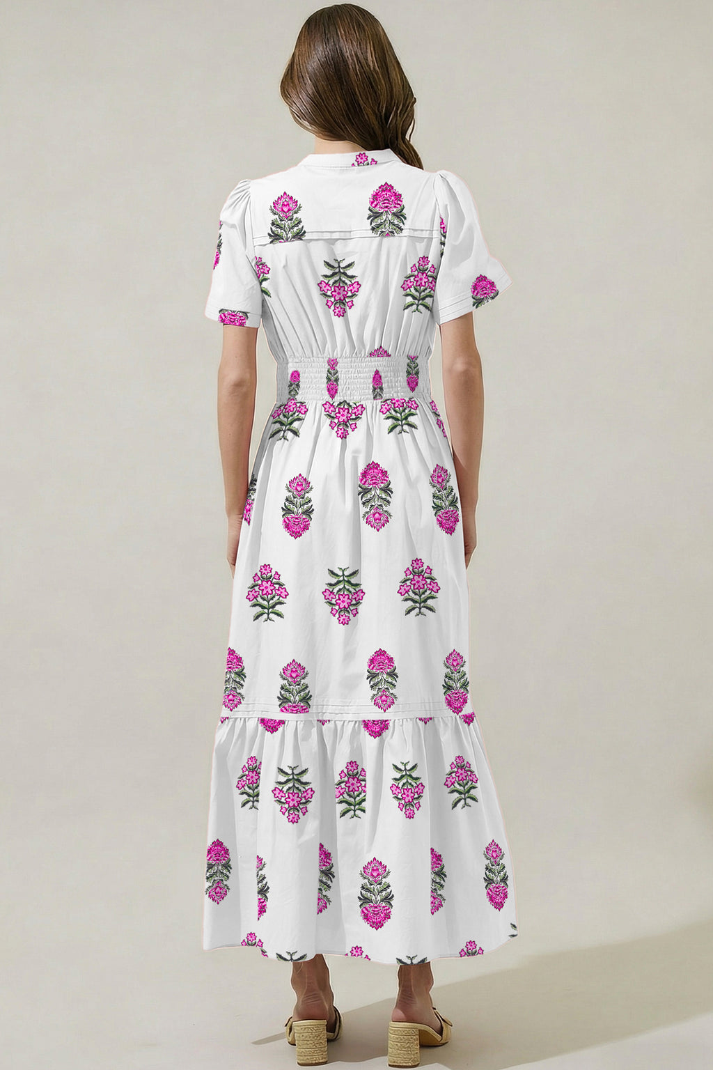 Floral Print Shirred High Waisted Ruffle Hem Maxi Dress