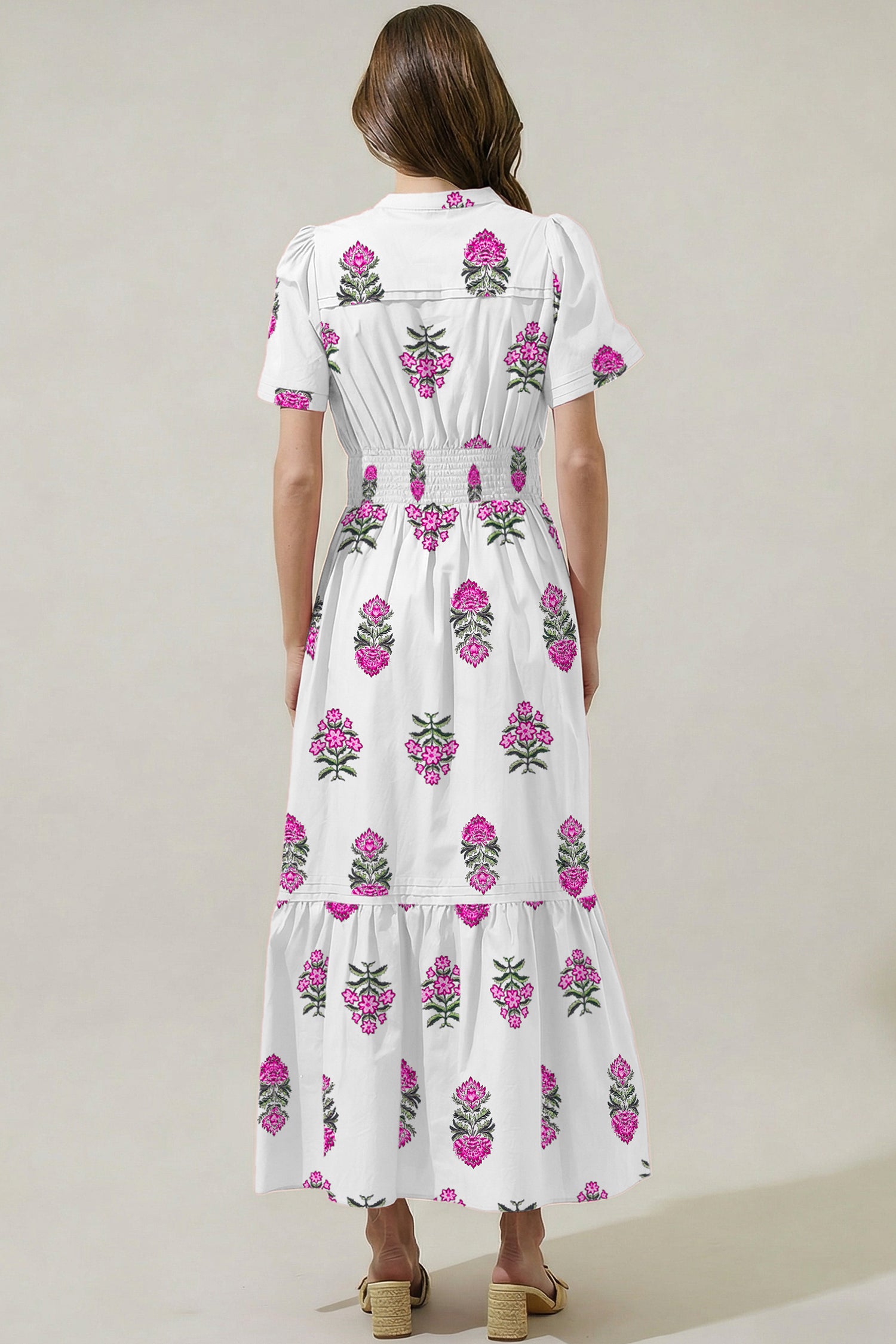 Floral Print Shirred High Waisted Ruffle Hem Maxi Dress