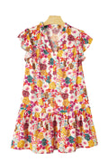 Purple Floral Print Split Neck Ruffle Mini Dress