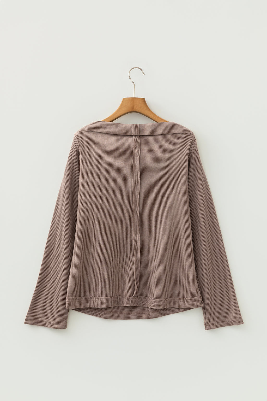 Old Rose Solid Color Waffle Knit Asymmetric Neck Long Sleeve Top