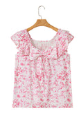 Pink Floral Ruffle Short Sleeve Bow Back Blouse
