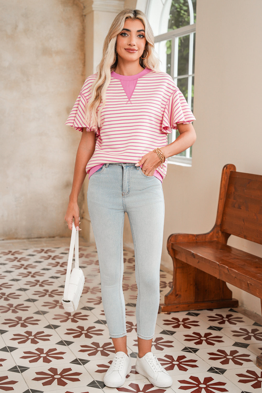Sachet Pink Striped Ruffle Sleeve Round Neck Top