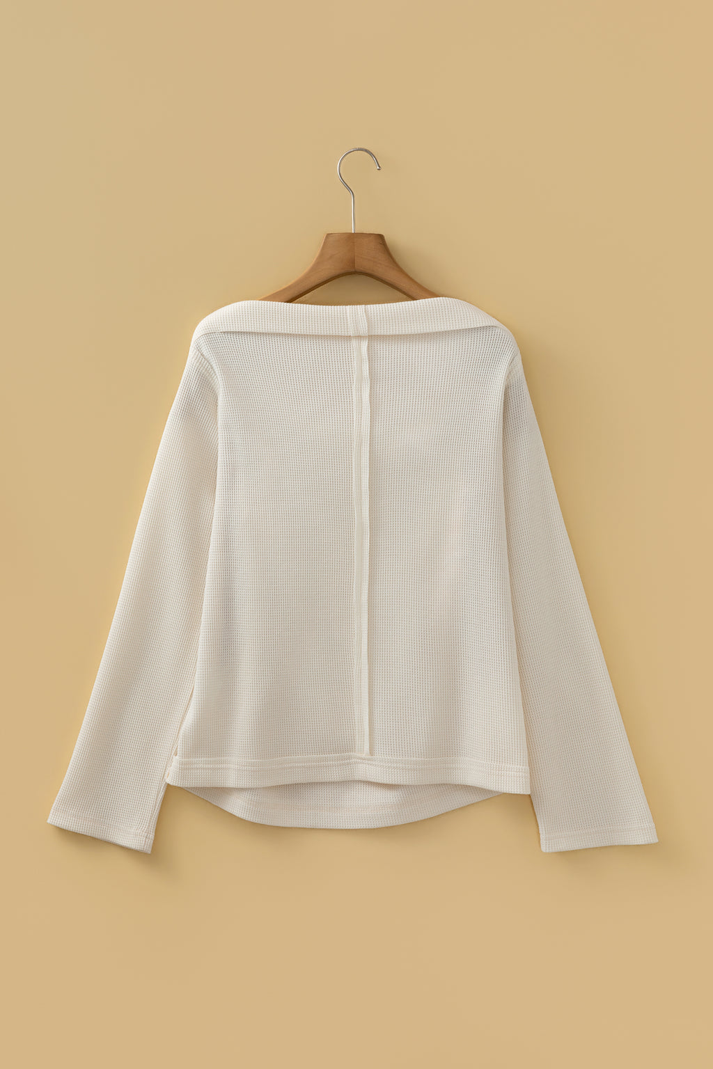 Old Rose Solid Color Waffle Knit Asymmetric Neck Long Sleeve Top