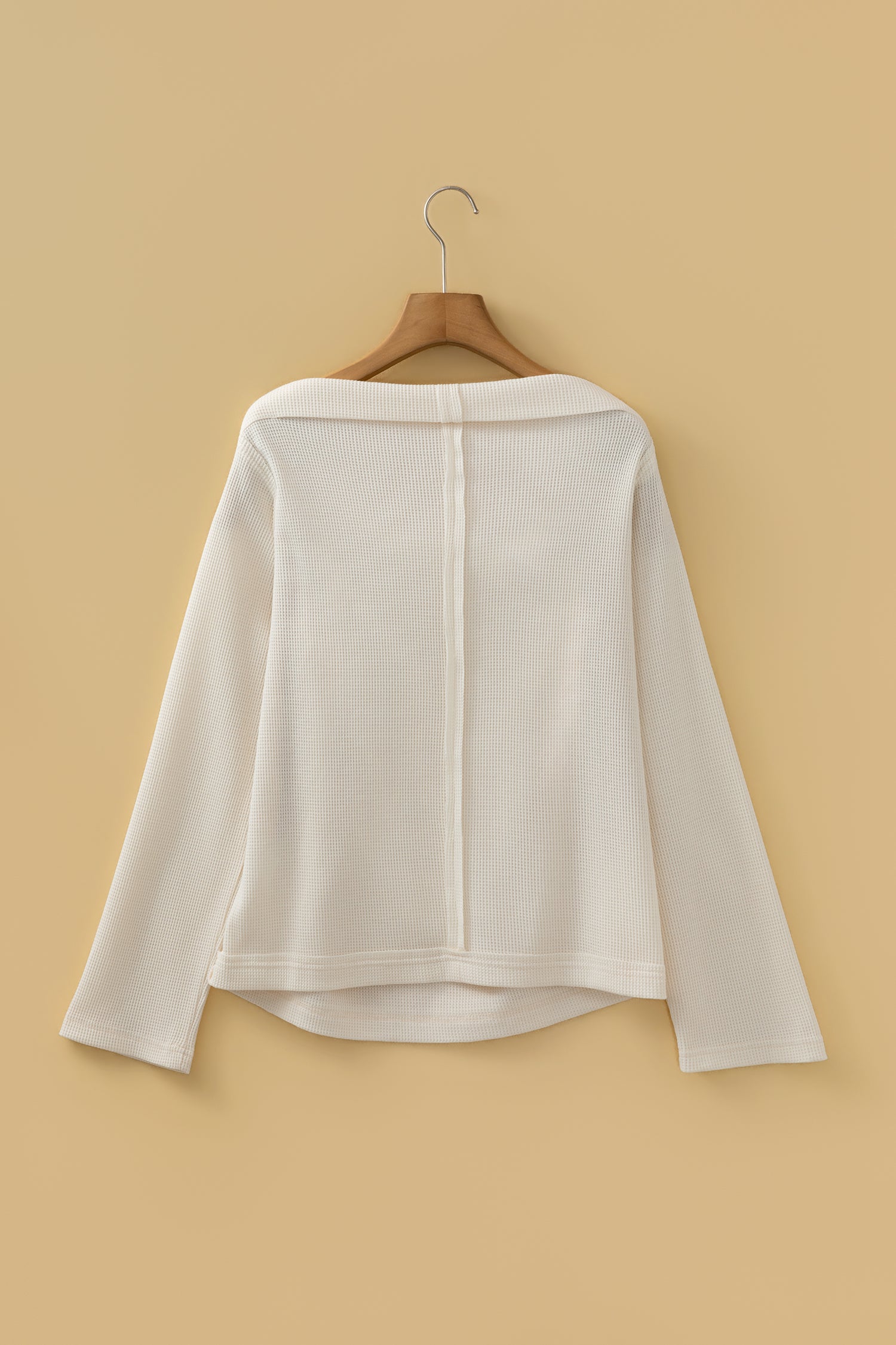 Old Rose Solid Color Waffle Knit Asymmetric Neck Long Sleeve Top
