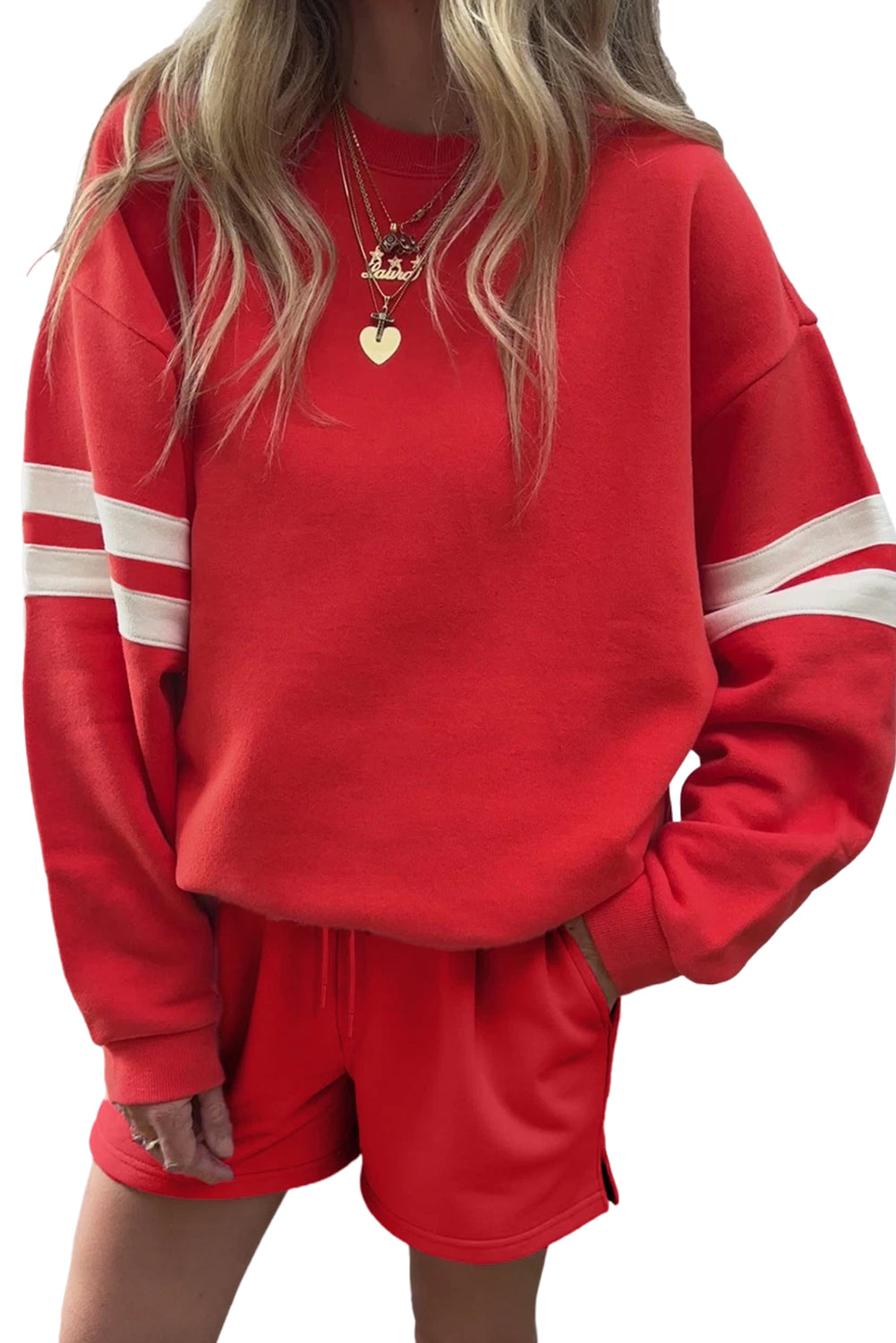 Navy Blue Varsity Striped Sleeve Drop Shoulder Sweatshirt and Shorts Set