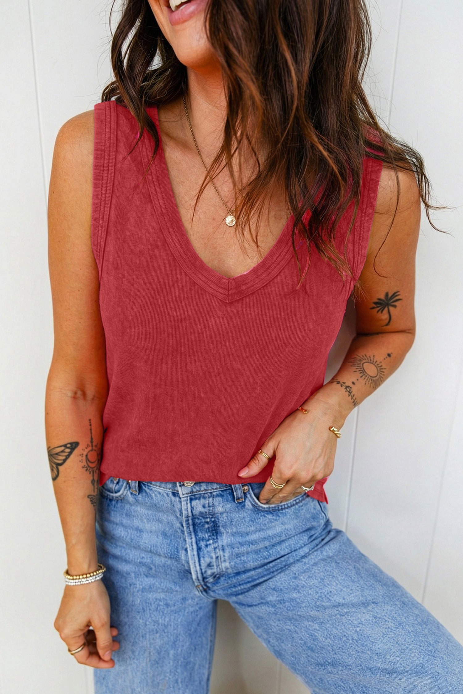 Rose Red Mineral Wash V Neck Tank Top