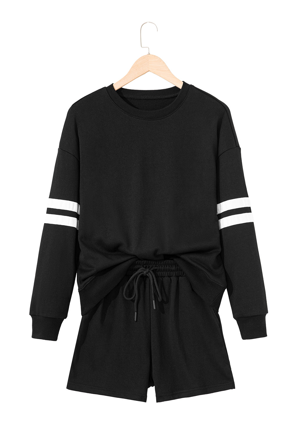 Navy Blue Varsity Striped Sleeve Drop Shoulder Sweatshirt and Shorts Set