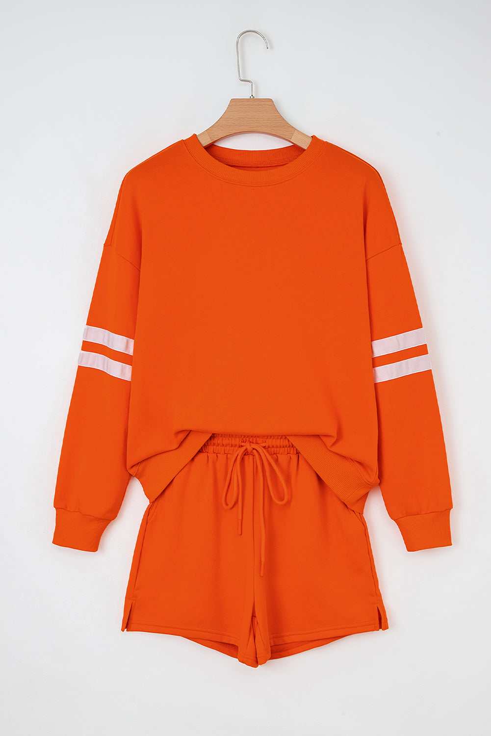 Navy Blue Varsity Striped Sleeve Drop Shoulder Sweatshirt and Shorts Set