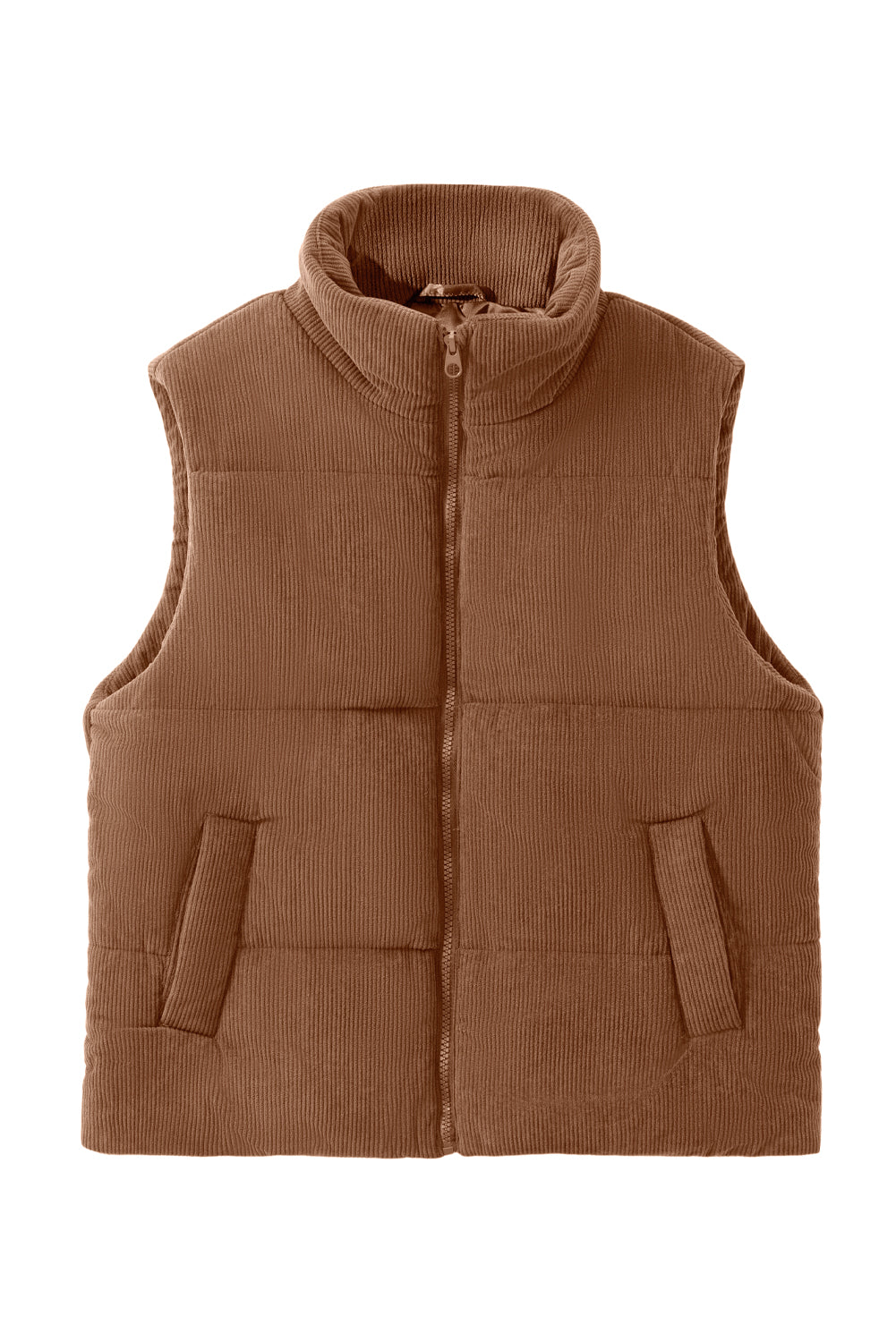 Beige Corduroy Stand Neck Zipped Puffer Vest