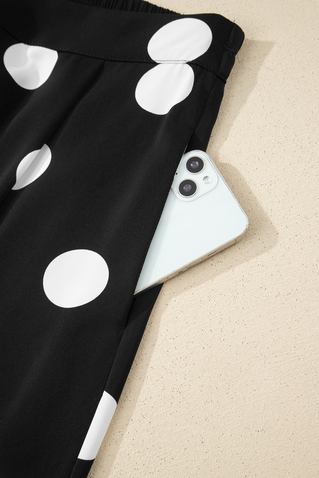 Black Polka Dot Print Pleated Round Neck Tank Casual Wide Leg Two-Piece Outfit