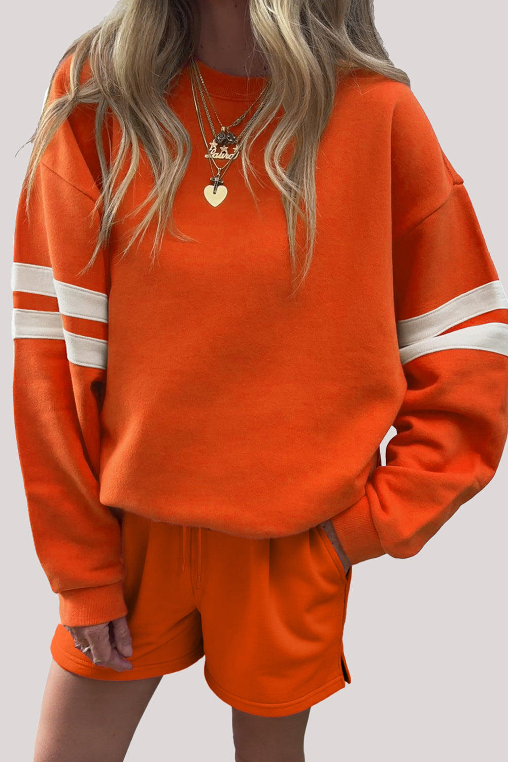 Navy Blue Varsity Striped Sleeve Drop Shoulder Sweatshirt and Shorts Set