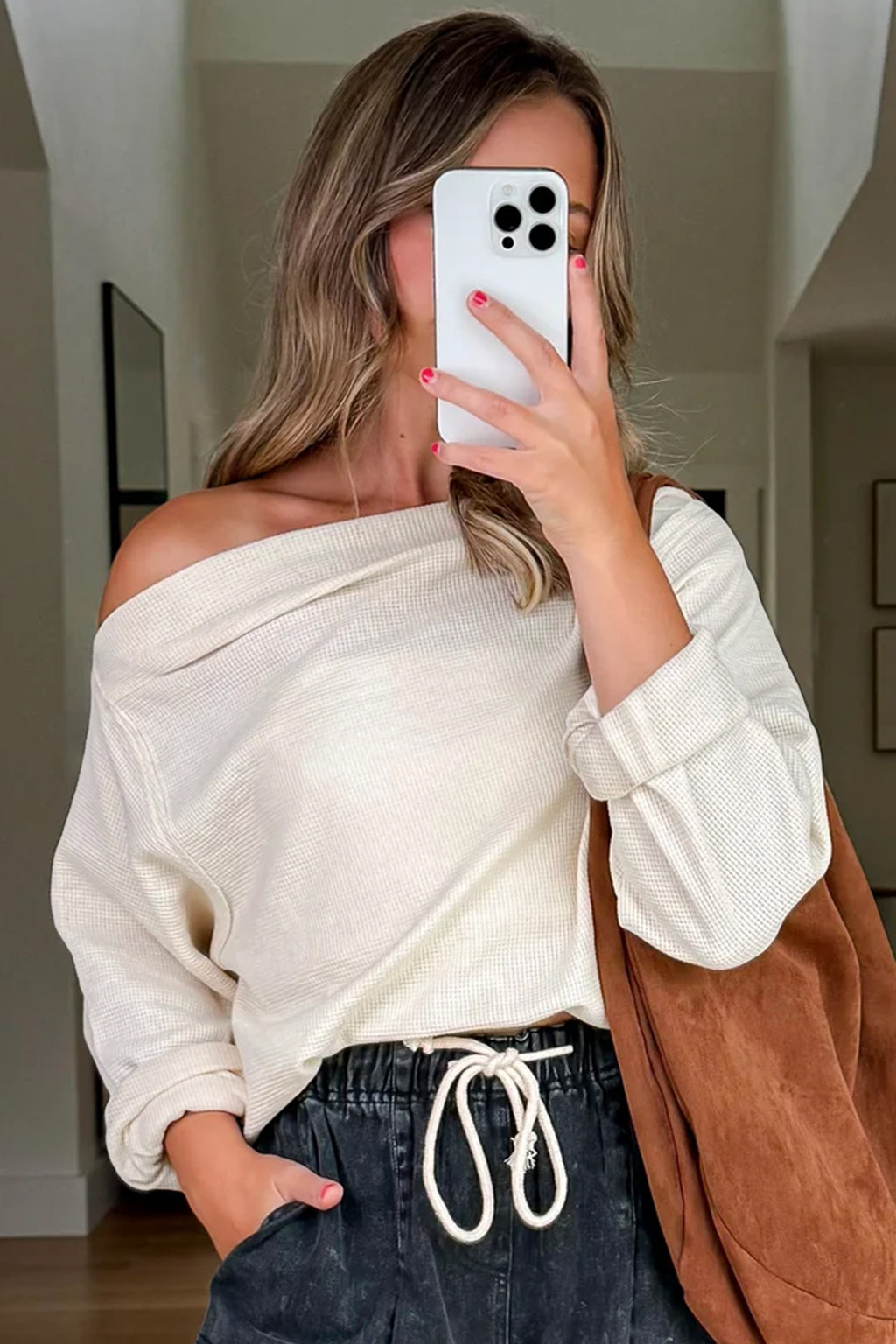 Old Rose Solid Color Waffle Knit Asymmetric Neck Long Sleeve Top