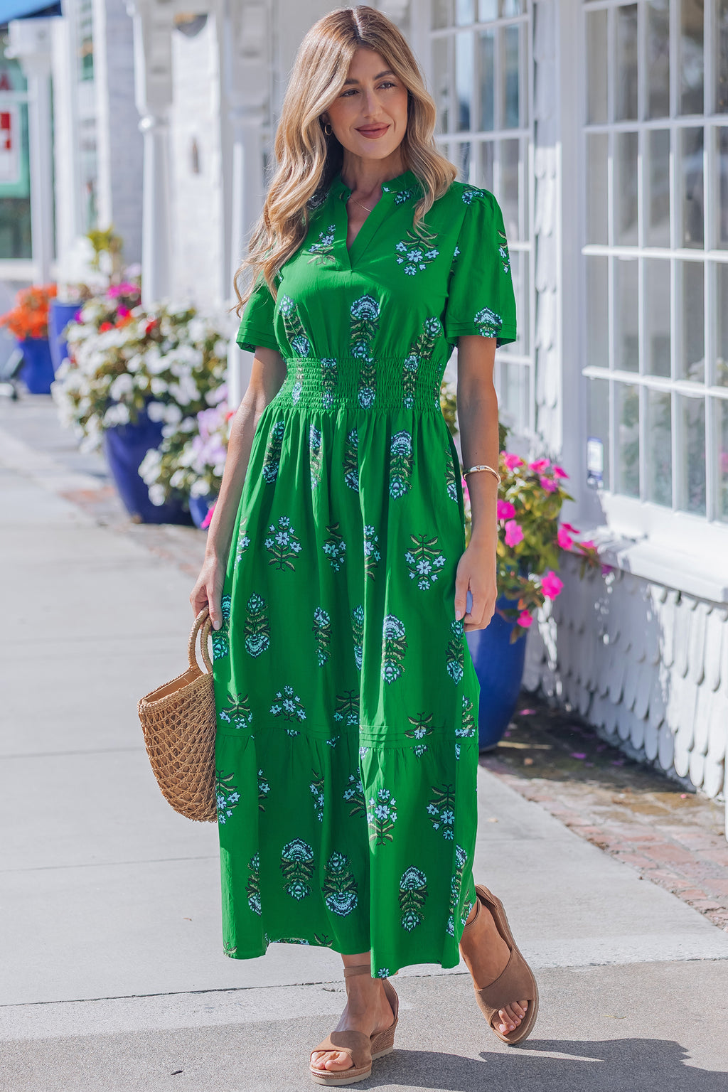 Floral Print Shirred High Waisted Ruffle Hem Maxi Dress
