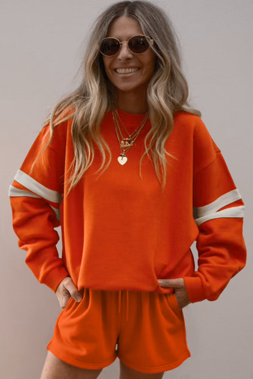Navy Blue Varsity Striped Sleeve Drop Shoulder Sweatshirt and Shorts Set