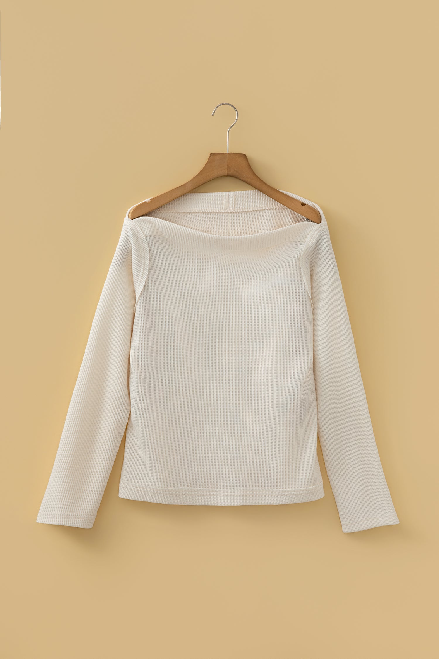 Old Rose Solid Color Waffle Knit Asymmetric Neck Long Sleeve Top