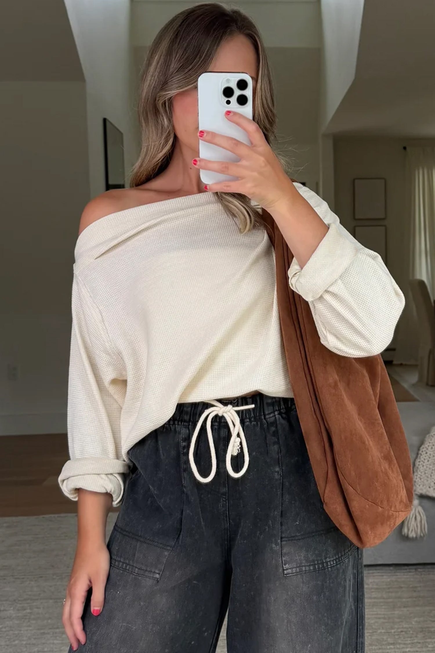 Old Rose Solid Color Waffle Knit Asymmetric Neck Long Sleeve Top