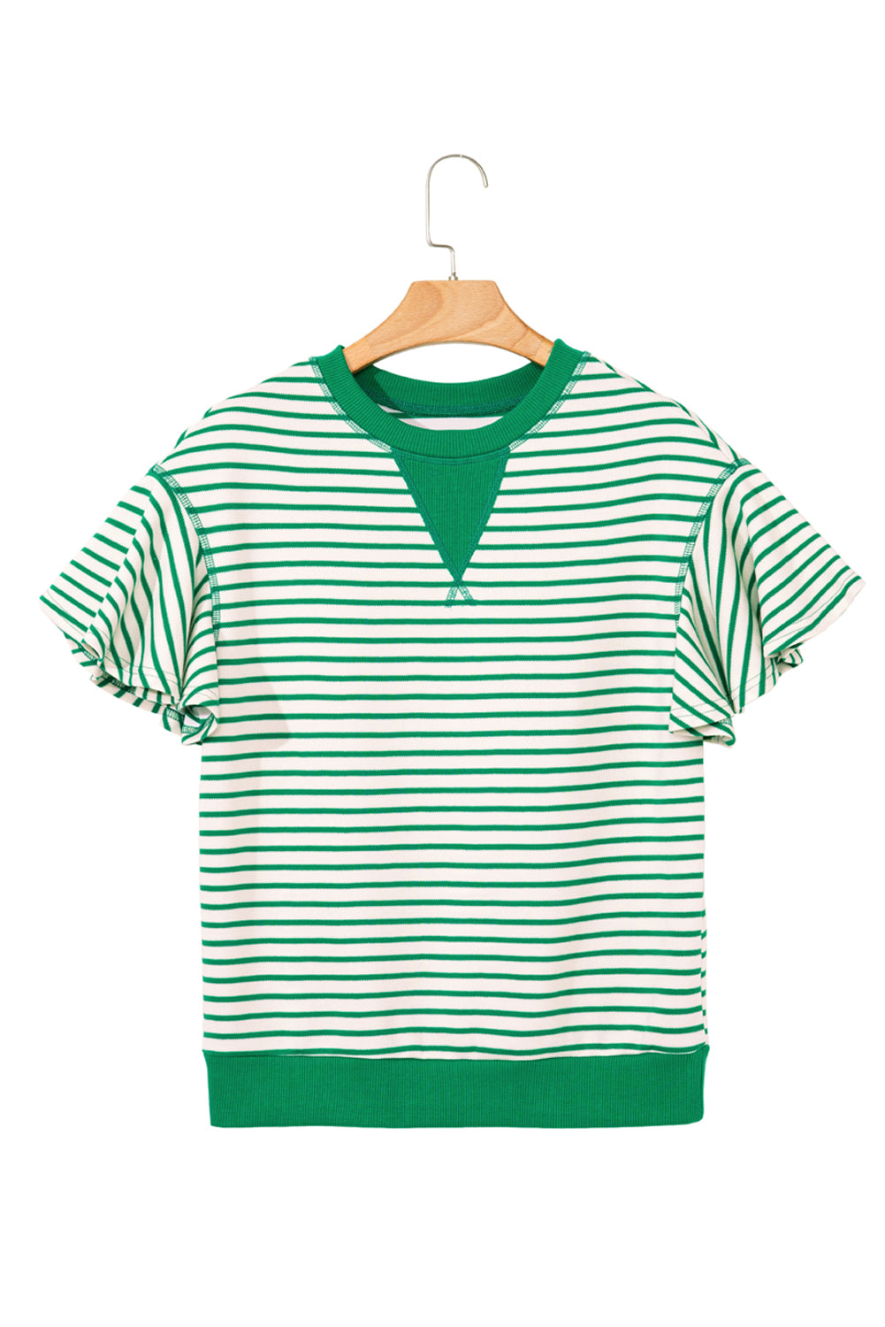 Sachet Pink Striped Ruffle Sleeve Round Neck Top